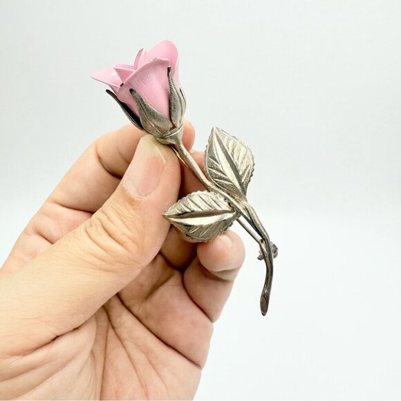 Vintage GIOVANNI Signed Silver Tone Pink Rose Stem Brooch - Picture 7 of 9